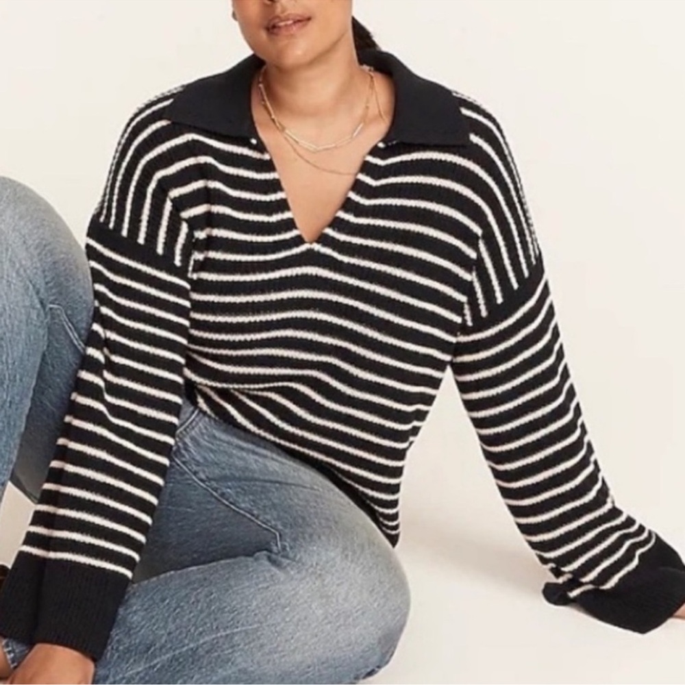 J. Crew Navy Striped Collared Cotton Knit Sweater | Size Small